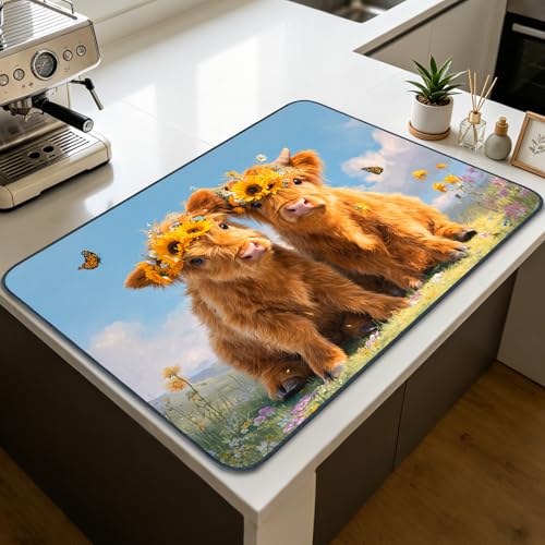 Image of Nuxovilar Highland Cow Stove Cover Diatom Mud 28.65x20.47 In | Glass Protector Countertop Mat Counter Saver Cooktop Cover Farmhouse Cottage RV Room (Highland Cow Wreath)