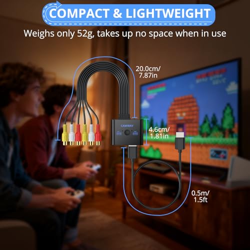 Image of CAMWAY 2 Port RCA to HDMI Converter - 16:9 /4:3 Conversion 1080P AV to HDMI Adapter for Wii /PS1 /PS2 /N64 /X-box /DVD /VCR /VHS,Mini Composite CVBS Audio Video Adapter Supports PAL /NTSC with RCA HDMI Cable