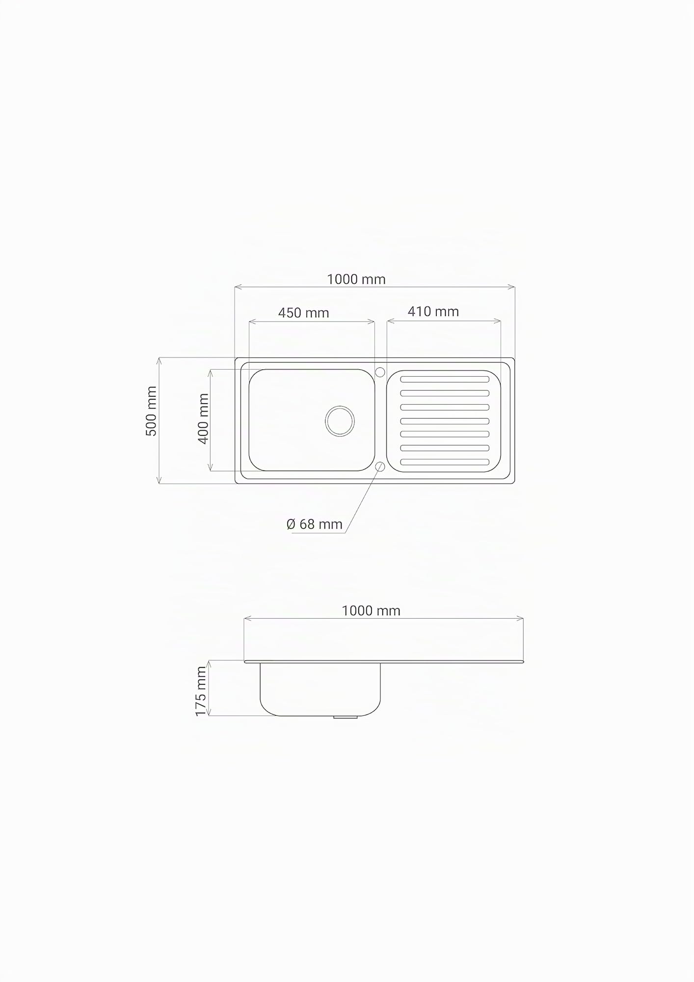 Respekta Riverside Lavello in acciaio inox/Lavello da incasso a 1 vasca da 100 x 50 cm/Lavello in acciaio inox con sgocciolatoio adatto a basi da 60 cm di larghezza
