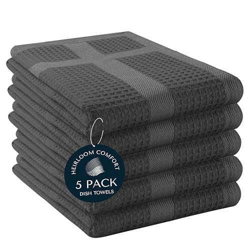 Image of HEIRLOOM COMFORT Gray Waffle Kitchen Towels with Hanging Loop, 5 Pack, 100% Cotton, 16"x26", Super Absorbent, Fast Drying Dishcloth Set, Soft for Cleaning Dishes, Hand Towel, Durable, Grey