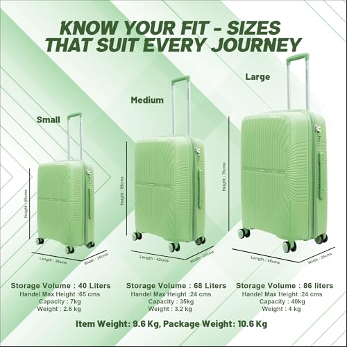 Image of AMERICAN TRAVELLER Tourispro Trolley Bag for Travel Set of 3 |Suitcase for Travel |Leightweight Large Luggage Traveling Bag Big Size| Polypropylene(Pp) Bags with Expandable 8 Wheels (3, Pastel Green)