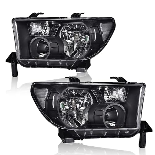 Image of GRAND ORANGE Headlights Headlamps Assembly Fit Toyota Tundra 2007-2013 | Compatible with Toyota Sequoia 2008-2017 Clear Lens Black Houing Clear Reflector Left & Right 811100C051