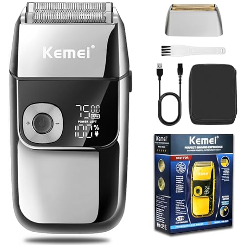 KEMEI Electric Razors for Men, LCD Display Cordless Men's Razors, USB Rechargeable with Pop-up Beard Trimmer Best Worldwide Travel Gift, Model KM 2028, Silver