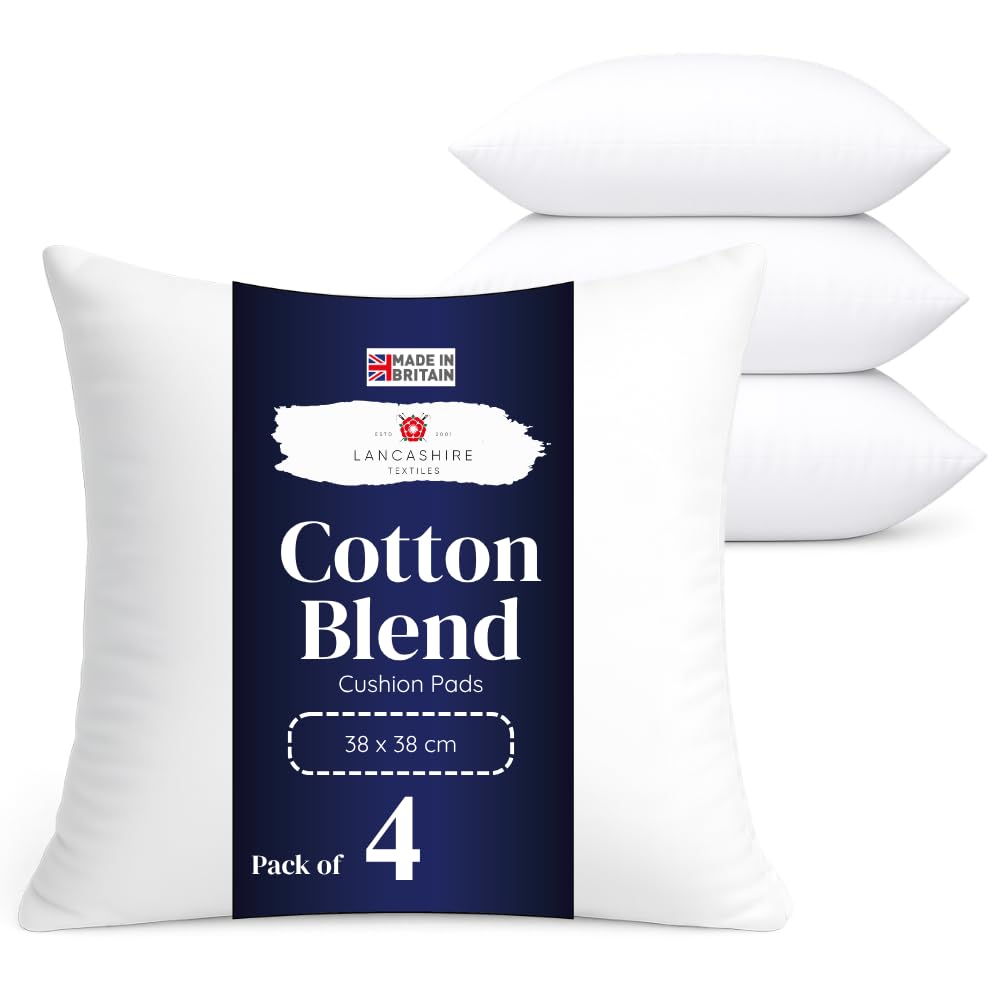 Lancashire Textiles Cushion Pads 4 Pack, 15x15 Inch, 38x38 cm, Cotton Blend | Luxury Cushion Inners with Cotton Blend Covers & Super Bounce Polyester Fibre Filling, Made from British Materials for Sofas.