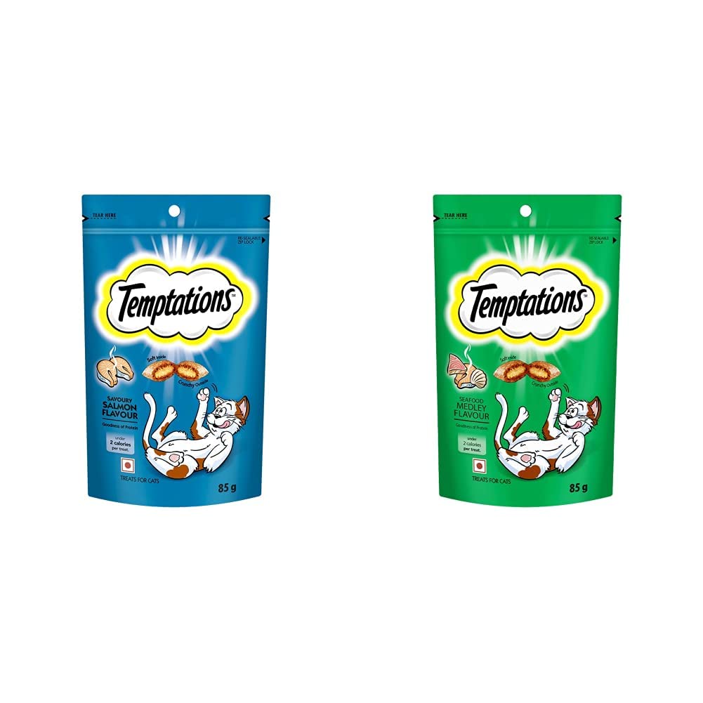 Temptations Cat Treat, Savoury Salmon Flavour - 85 g & Cat Treat, Seafood Medley Flavour - 85 g