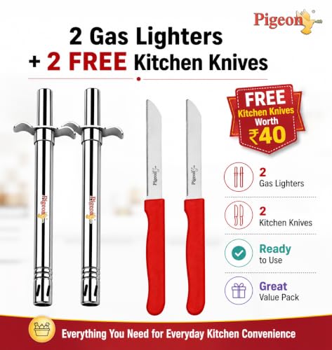 Image of Pigeon Super Gas Lighter Set of 2 with 2 Free Kitchen Knives Worth ₹40 | Piezo Ignition | Stainless Steel Barrel | Long Reach | No Battery Required | LPG & PNG Compatible | 12 Months Warranty