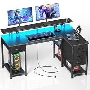 Seventable Gaming Desk with Drawers, 47.2 Inch L Shaped Desk with Storage Shelves, Small Office Desk with LED Lights & Power Outlets, Black Corner Computer Desk with Monitor Stand for Bedroom