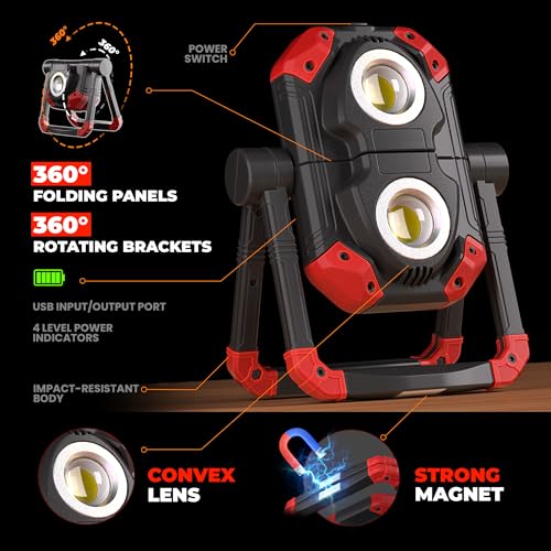 Yzoni 2 Pack LED Work Light Rechargeable, 2 COB 2500LM Folding Portable Flood Light with Magnetic Base and 360° Rotation Stand, Spotlights for Camping Car Repairing Emergency Job Site Lighting