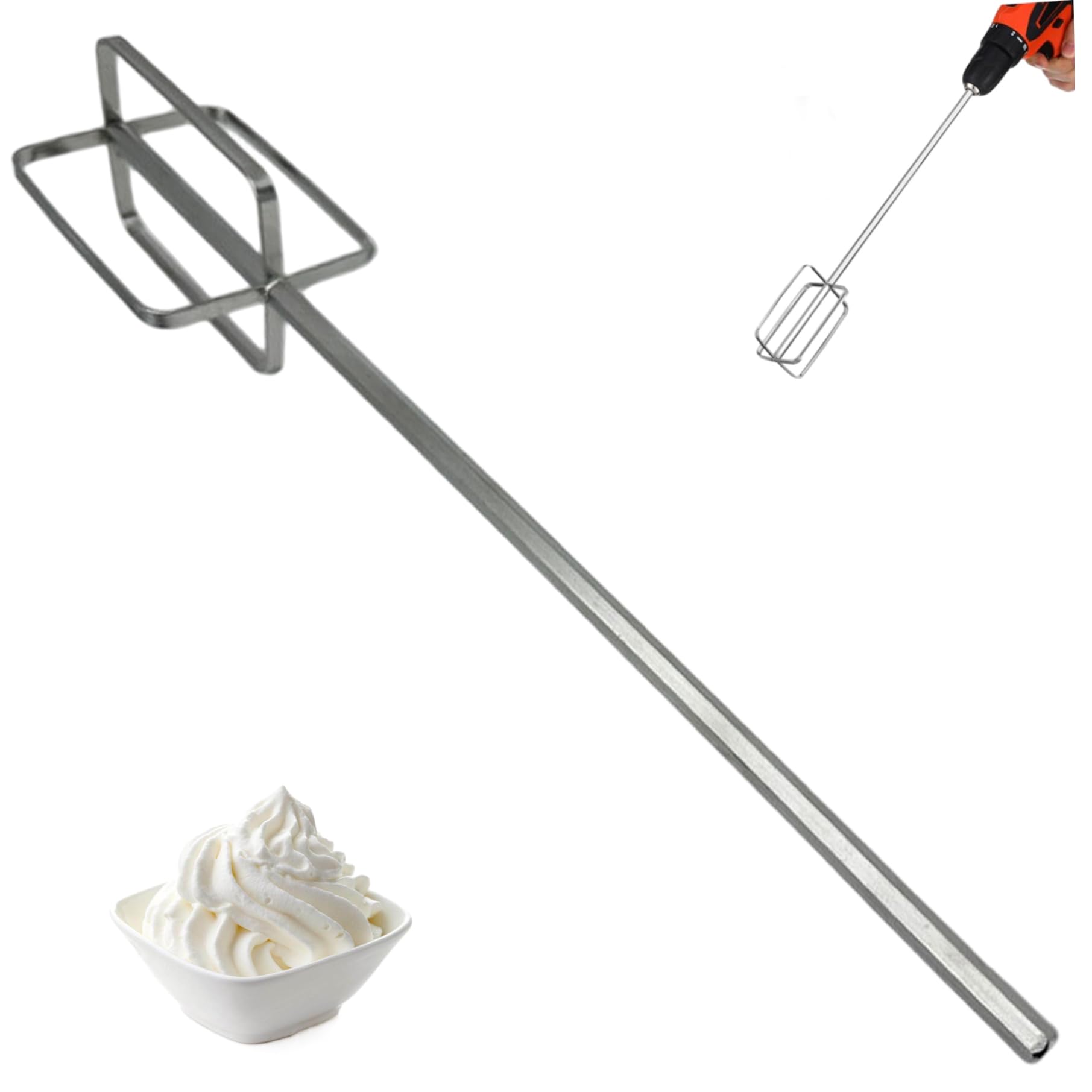 CAKEEYUM Drill Mixer Attachment Stainless Steel Stirring Rod Hand Mixer Attachments Reinforced Meat Paste Whisk Extended for Household and Construction Drill Attachments, Attachment, Hand