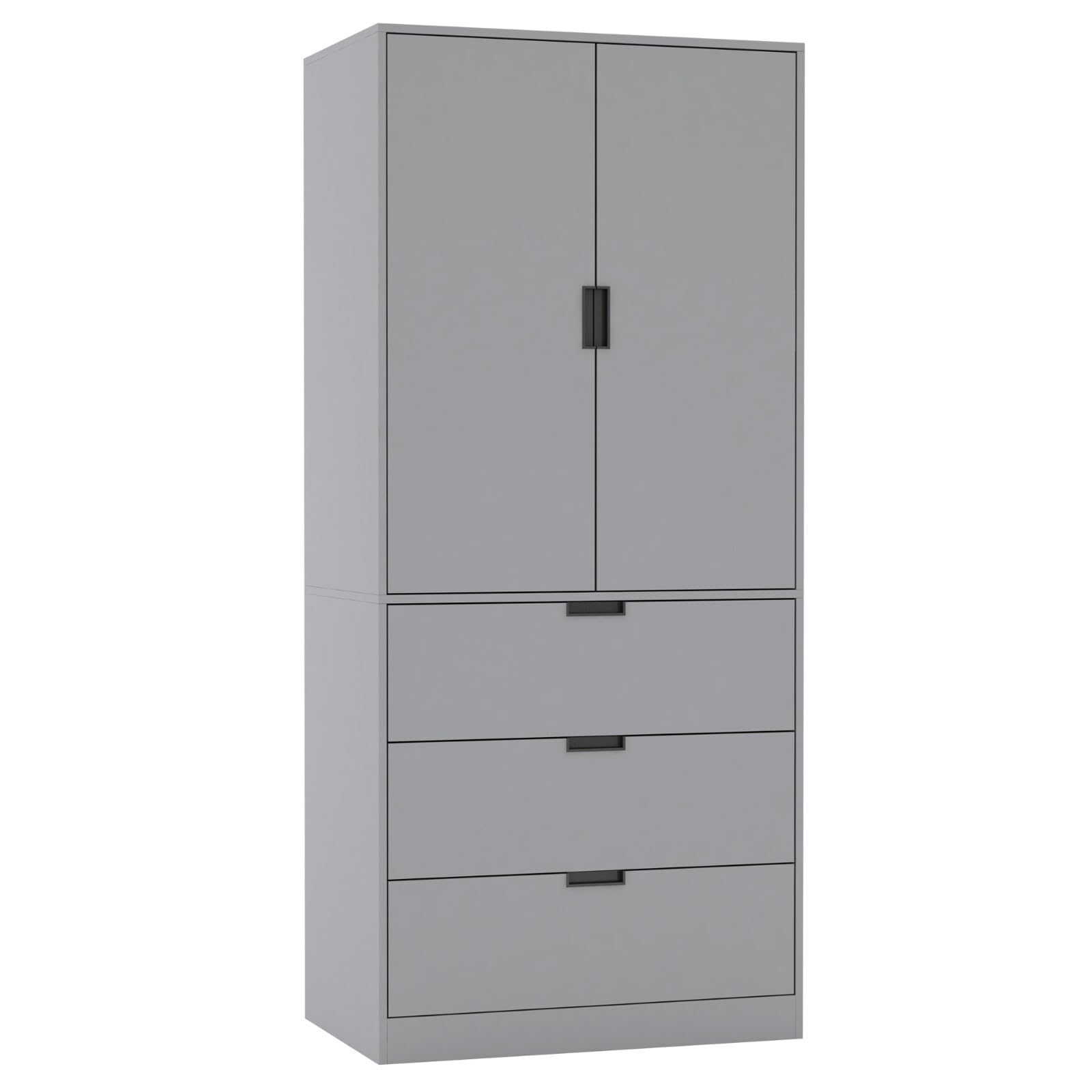 URBNLIVING Modern 2 Door Wardrobe with 3 Drawers & Hanging Rail, Stylish Freestanding Storage, Spacious Interior, Durable Chipboard Build, Easy to Assemble Bedroom Furniture