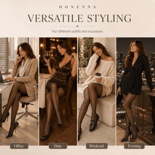Image of HONENNA Sheer Tights for Women 2 Pairs Ultra Thin Reinforced T Crotch Control Top Pantyhose Stockings