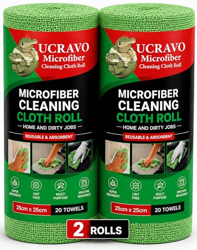 Image of UCRAVO 2 Roll - 40 SHEETS Kitchen Towel Roll 8000 Times Washable and Reusable Tear-Away Towels | Soft , Highly Absorbent and Streak Free Multi -Purpose Wash Cloth for Home Dishes Glass Cleaning - Green