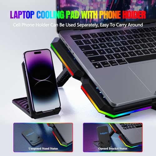 Laptop Cooling Pad, Gaming Laptop Cooler with 10 Quiet Fans, Height Adjustable Laptop Cooling Stand for 12"-17" Laptops, RGB Lights with Laptop Fan with 2 USB Port and Phone Stand - Image 6