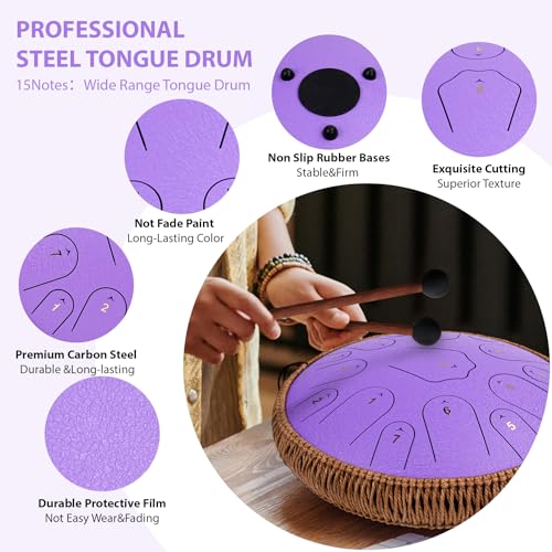 Image of Steel Tongue Drum-14 Inch 15 Notes Tongue Drums, Steel Drum Instrument for Adults, Handpan Drums with Music Book, Handpan Drum Mallet, and Carry Bag, C Major (Purple)