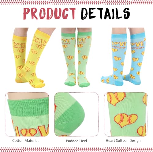 3 Pair Love Heart Softball Socks for Youth Women Athletic Knee High softball Socks for Girls Birthday Party Gift3