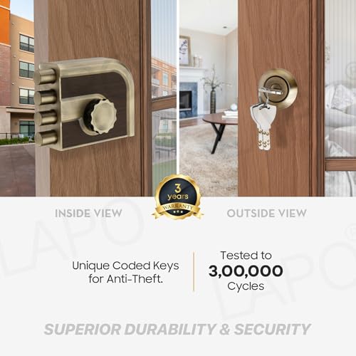 Image of LAPO Mega Bolt Heavy Duty Door Lock, Four Bullet Deadbolt for Main Wooden Door, One Side Key, Fits Left & Right Hand Doors, High Strength, Premium Security,3 Years Warranty(,Antique Finish)