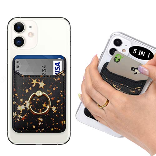 POLIFALL Leather Phone Card Holder (StarGlow) 5 in 1 Stick On Wallet Sleeve Back - Double Pocket + Finger Ring Stand + Metal Plate for Magnet Mount + RFID Block for iPhone, Galaxy, Android, Mobile