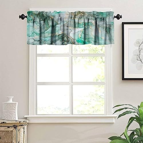 Image of Green Marble Window Valance Curtain, Grey White Abstract Modern Luxury Ink Texture Gold Veins Unique Ombre Window Valances Treatments for Kitchen Living Room Cafe Decor 54'x18', 1 Panel