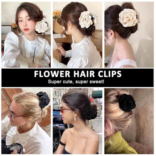 Image of PALAY 2Pcs Rose Hair Claw Clips for Women Large 3.5 In Flower Claw Clip Hawaiian Fashion Blooming Rose Claw Clips Aesthetic Hair Clip - Black & White