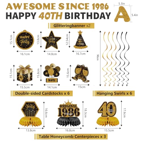 Image of 11pcs Happy 40th Birthday for Men Women Decorations,Forty Bday Banner Ceiling Table Topper Sign Awesome Since 1986 Old Black and Gold Kit Swirls Party Decorations Supplies