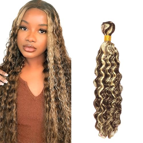 Blonde Bundles Human Hair Deep Wave Bundles 32 Inch Unprocessed Brazilian Virgin Remy Hair P4/613 Highlight Brown 1 Bundle Honey Blonde Deep Curly Human Hair Extensions 50 Gram Per Bundle