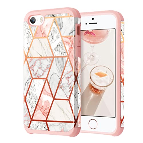 Fingic for iPhone 5s 5 Case, iPhoen SE 1th Gen Case,iPhone 5/5s/SE Rose Gold Marble Glitter Bumper Hybrid Hard PC Soft Rubber Silicone Anti-Scratch Protective Case for iPhone 5 2012/ 5s 2013/ SE 2016