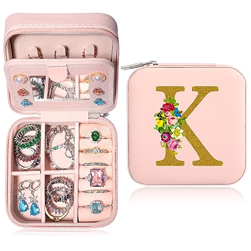 XIUQILAI Mini Travel Jewelry Case, Jewelry Box Jewelry Organizer, Ring Necklace Earring Jewelry Holder Organizer Box with Mirror, Personalized Birthday Gifts for Women Friends Sister Letter K