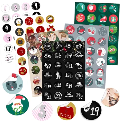 KOHMUI Adventskalender Zahlen Aufkleber, 6 x 24 Adventskalenderzahlen Sticker Set für Weihnachten Kalender zum selber basteln und Verzieren, Adventszahlen Geschenkaufkleber Etiketten selbstklebend