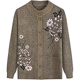 [Zleufirty] カーディガン レディース フリーサイズ ニット セーター 婦人服 中年 高齢者 長袖 ボタンダウン 秋冬春ポケット付き ニットジャケット刺繍 花柄 (ブラウン)