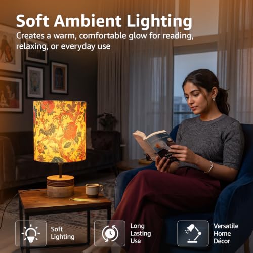 Image of Amazon Basics Phulwari Marigold Table Lamp | Hand-Painted Mango Wood Base with Printed Polyester Shade | E14 Holder | Decorative Night Lamp for Bedroom, Living Room & Study Room | Home Decor Gift