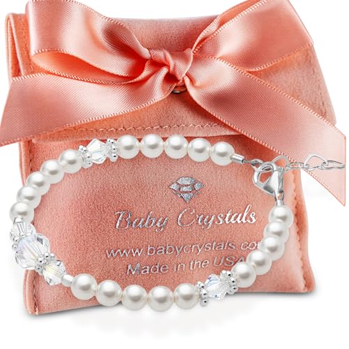 Image of Baby Crystals Toddler Bracelets for Girls I Personalized Baby Gifts I Custom Initial Letter I Sterling Silver Initial Charm I Pearl Bracelet I Kids Jewelry I Keepsake Birthday Gifts