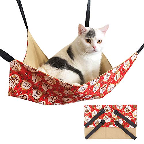 猫ハンモック 吊り下げベッド ネコ 猫用ベッド ゲージ用 キャットハンモック 小動物用ペット ねこ寝床 マット 昼寝 冬夏両用 ひも調節可能 耐荷重10KG 大きい 56cm x 46cm 通気性 日向ぼっこ 遊び場 丸洗い (レッド猫, ファー無しハンモ