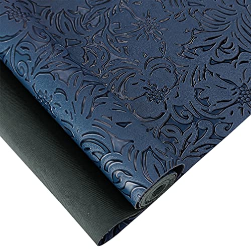 Rouleau de tissu en cuir synthétique texturé avec fleur vintage - 30,5 x 133 cm - Pour bricolage, couture, artisanat, portefeuilles, fabrication de bijoux (bleu)