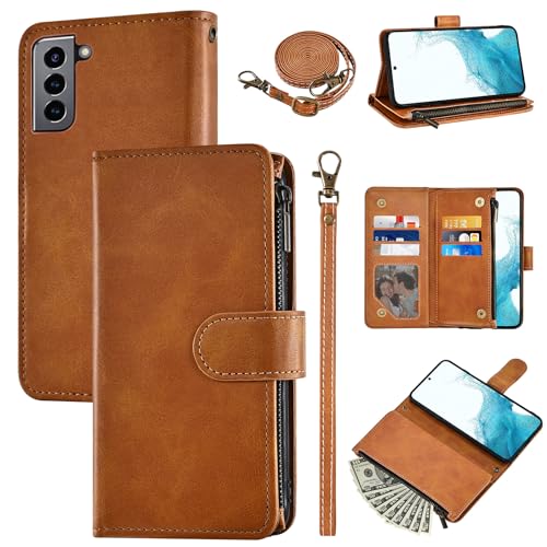 Furiet Wallet Case for Samsung Galaxy S22 Plus S22+ 5G with Wrist Strap and Shoulder Strap PU Leather Flip Stylish 6+ Card Holder Stand Cash Pocket Phone Cover for S22+5G S22plus 22S + S 22 22+ Brown