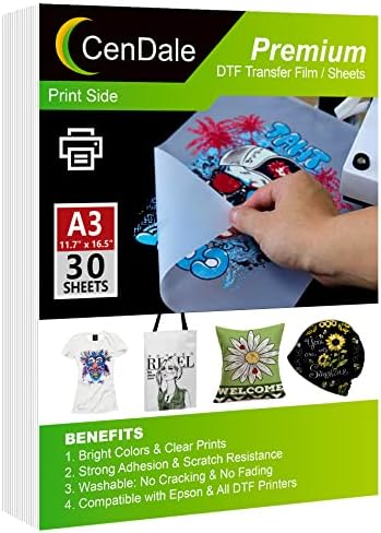 CenDale DTF Transfer Film - A3 (11.7" x 16.5") 30 Sheets Double-Sided Matte Clear PreTreat Sheets- PET Heat Transfer Paper for DYI Direct Print on T-Shirts Textile