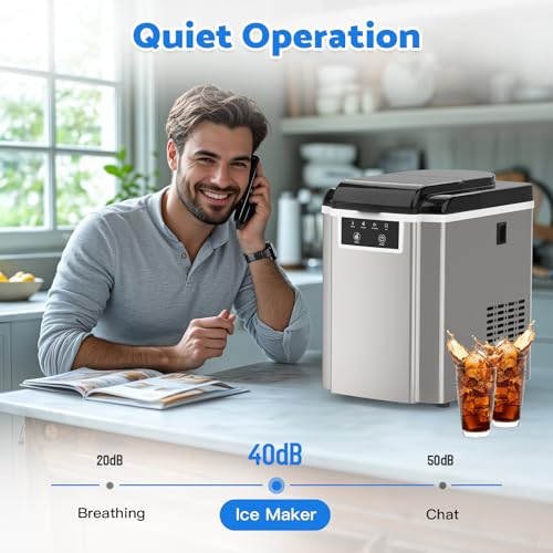 Image of Countertop Ice Makers Machine with Basket and Scoop, 38Lbs /24h Soft Chewable Pellet Ice, One-Click Operation, Nugget Ice Maker for Home, Kitchen, Camping, RV, Office and Party,Sliver