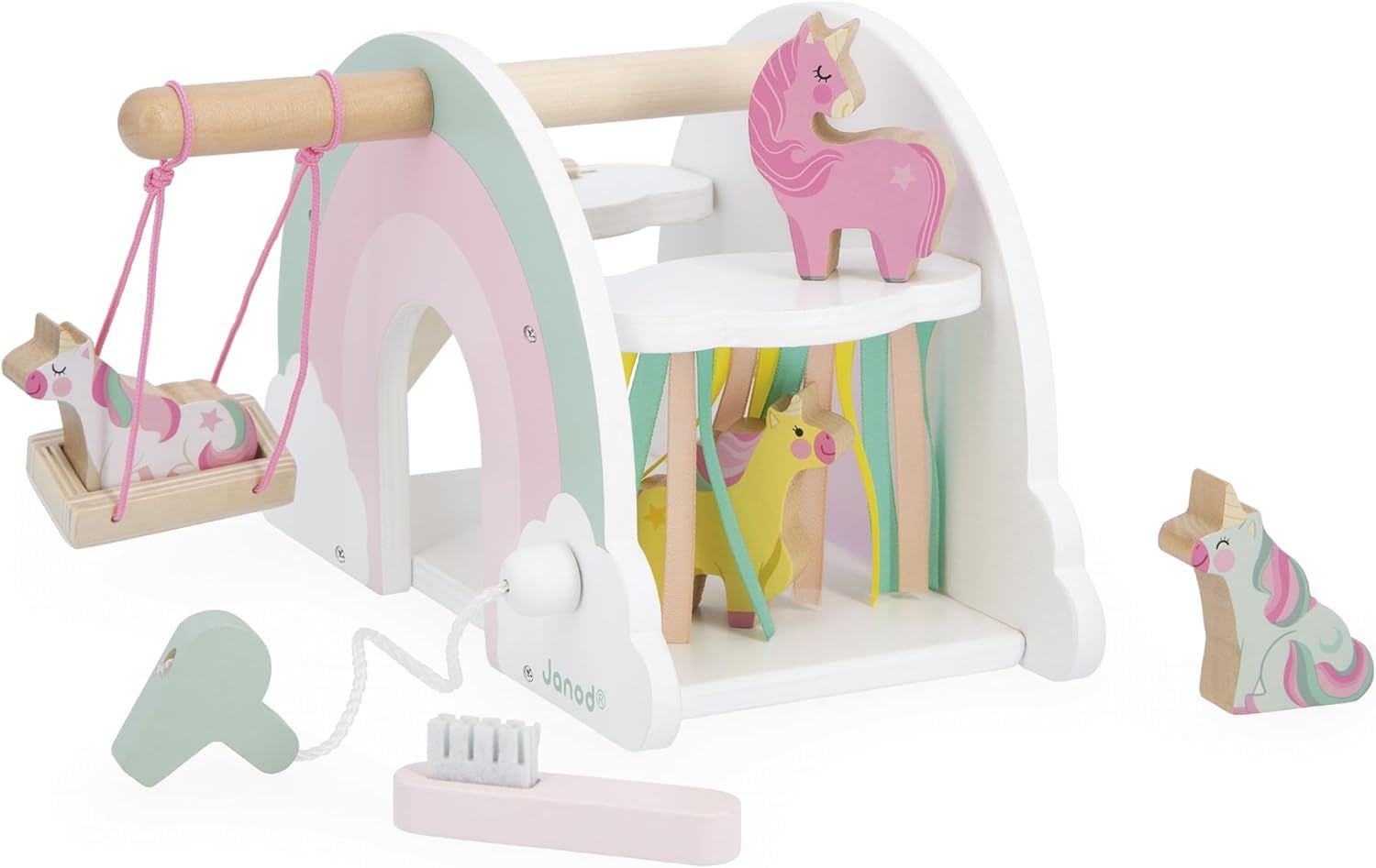 Janod - Unicorn Wooden House - Unicorn Theme - FSC Wooden Toys - Includes 6 accessories : 4 unicorns, 1 hair dryer, 1 brush, 1 swing, 1 slide - From 18 Months - J08591