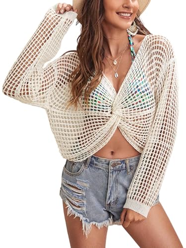 Womens Crochet Swimsuit Coverup Cropped Top Summer 2025 Twist Knot Long Sleeve Beach Bathing Suit Cover Up