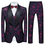 Tuxedo Suits for Men 3 Piece Regular Fit Suit Floral Pattern Blazer Jacket Waistcoat Pants Men Suit Set for Wedding Violet Purple