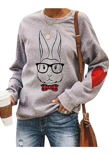 Image of Women's Easter Basic Sweatshirt Crew Neck Long Sleeve Sweatshirt Casual Loose Sweatshirt with Rabbit Print