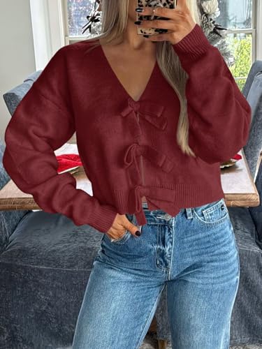 Image of Saodimallsu Womens Bow Sweater Cropped V Neck Long Sleeve Pullover Tops | Soft Cozy Knit, Two-Way Wear Design, Front & Back Bow, Cute Fall Tops 2026, Winter Fashion, Dressy Casual Holiday Outfits