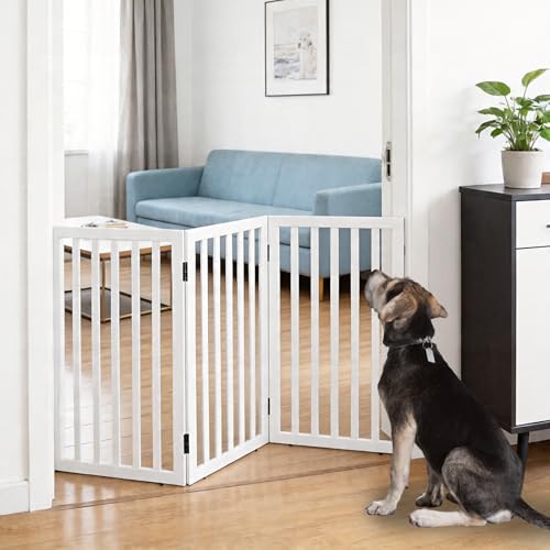 Dog Gate Indoor, Freestanding Dog Fence for The House, Doorways, Hallways,or Stairs,Pet Gate Foldable Wooden,Expandable 32" Height 3 Panels,White