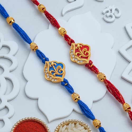 Image of eCraftIndia Blue Orange Beautiful Floral Designer Rakhi Set of 2 | Rakhi for Brother Bhaiya Bhai with Best Bro Ever Fridge Magnet | Roli Chawal Pack