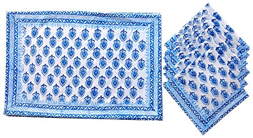 Rastogi Handicrafts Hand Block 100% Cotton Indian Style Theme Dining Table Mats And Napkins Set Of 6 Place-Mats Runners (Blue 4) #TOP21