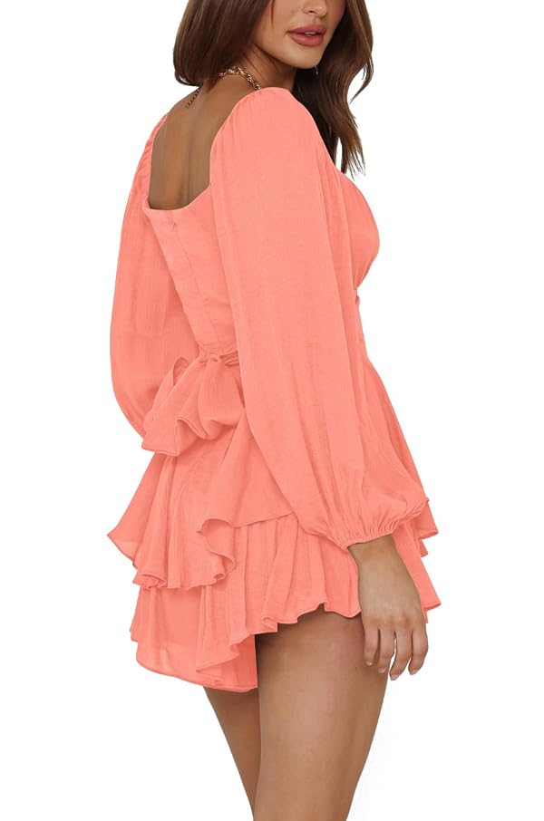 LYANER Women's Jumpsuit Lantern Long Sleeve Ruffle Layer Tie Mini Short Romper Solid Coral Pink Small by LYANER - Used condition - Image 3
