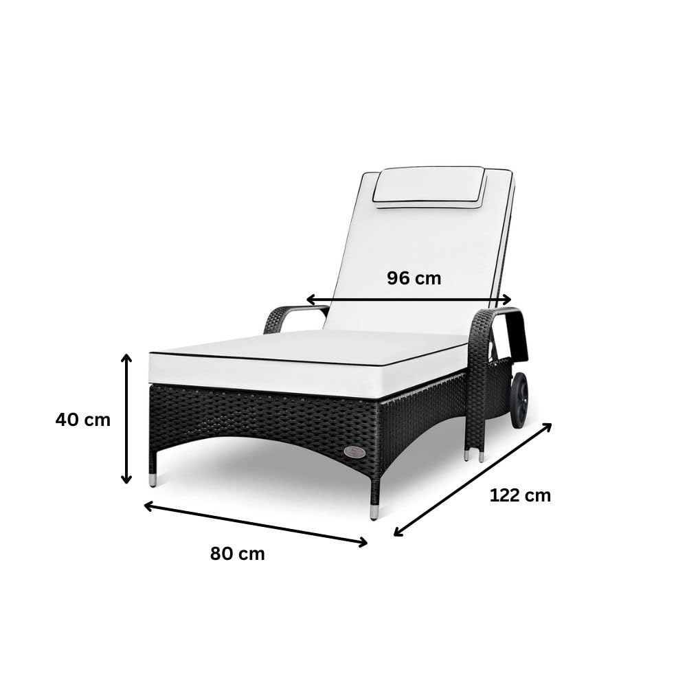 RS Trade Sonnenliege Gartenliege Wetterfest Rattan – XXL Relaxliege extra breit mit Rollen & Armlehnen, Verstellbar, bis 200kg, Outdoor Liege für Garten, Terrasse & Balkon, schwarz mit weißer Auflage