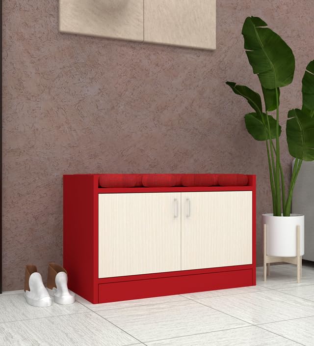 Image of SPECIALITY PANELS 2 Door Shoe Rack with Cushion, Red and White, 75x49x37.5 cm, DIY Assembly Storage Bench