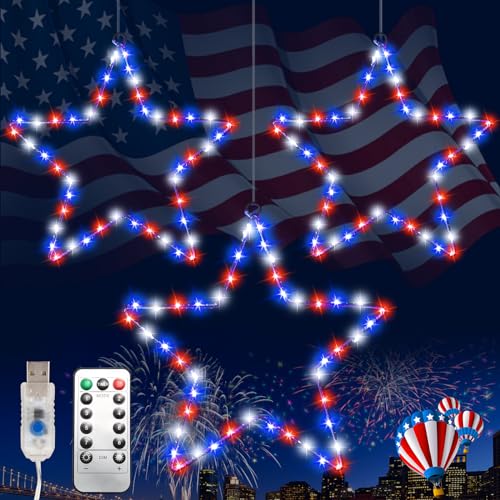 FUNIAO (New) 4th of July Decorations 50 LED Red White Blue Iron Star Lights Patriotic Decorations USB Remote Control Timer for Memorial Day Independence Day Election Day Decor - 3 Pcs