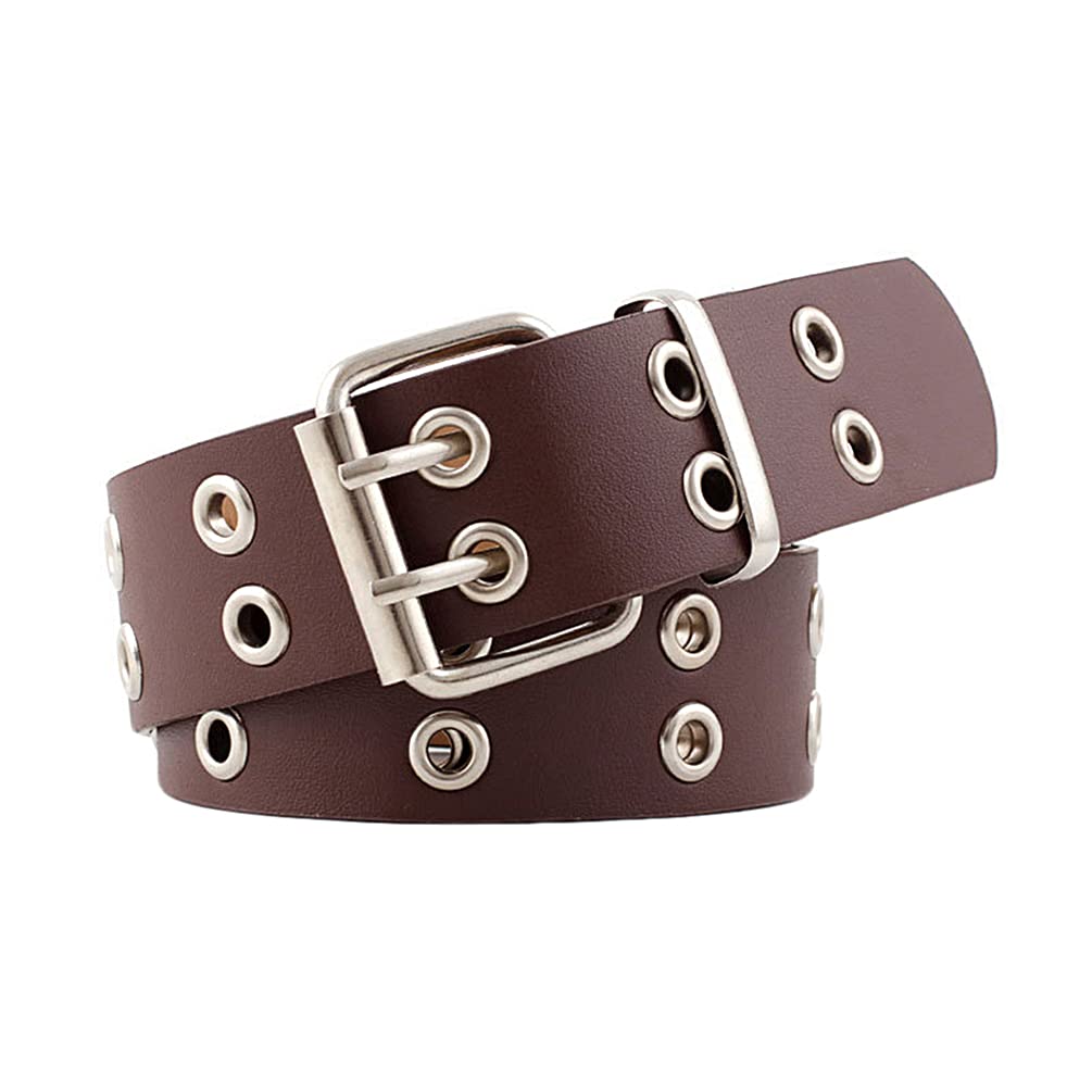 Double Grommet Belt With Chain Eyelet Pu Leather Punk Studded