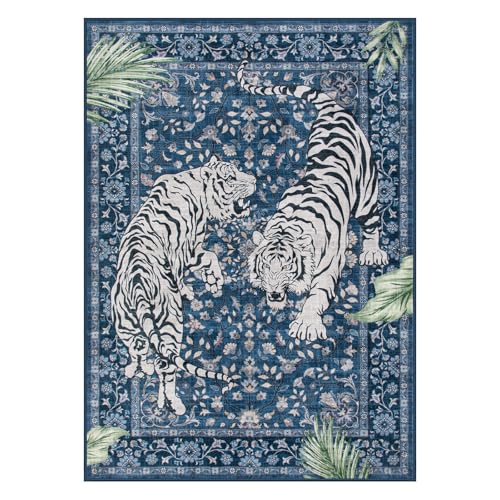 Moynesa Tiger Washable Area Rugs for Living Room, 5x7 Vintage Soft Rug for Bedroom, Non Slip Boho Botanical Ultra Thin Large Stain Resistant Throw Rug for Dining Guest Room, Blue
